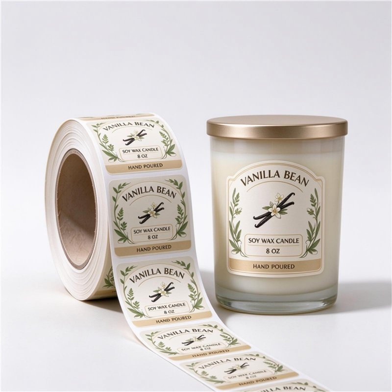 Custom printed heat-resistant labels for candle jars and tins