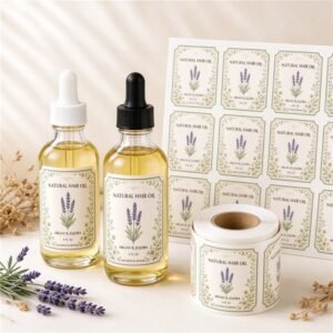 Custom printed waterproof and oil-resistant roll and sheet labels for natural hair growth oil dropper bottles