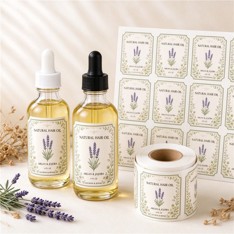 Custom printed waterproof and oil-resistant roll and sheet labels for natural hair growth oil dropper bottles