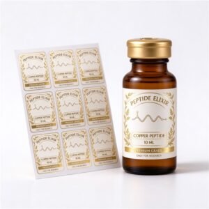 Custom printed luxury gold foil peptide labels on 10ml amber vial